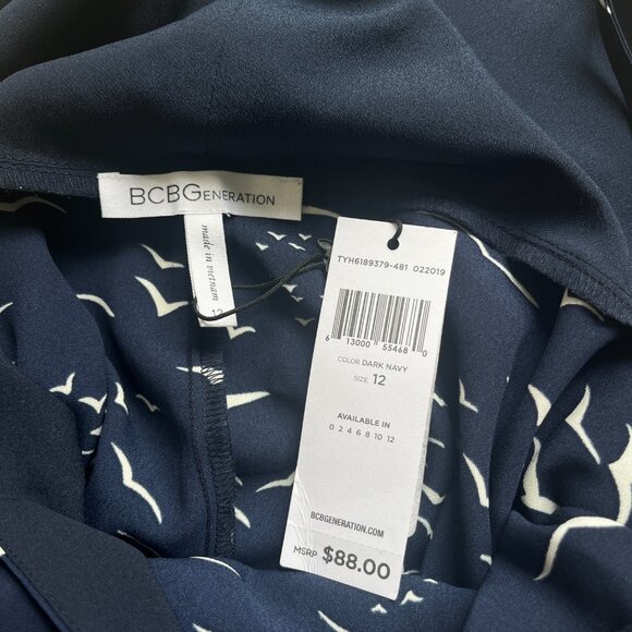 BCBGeneration Navy Bird Print Wrap Dress Spaghetti Straps 12 NWT - Picture 4 of 5